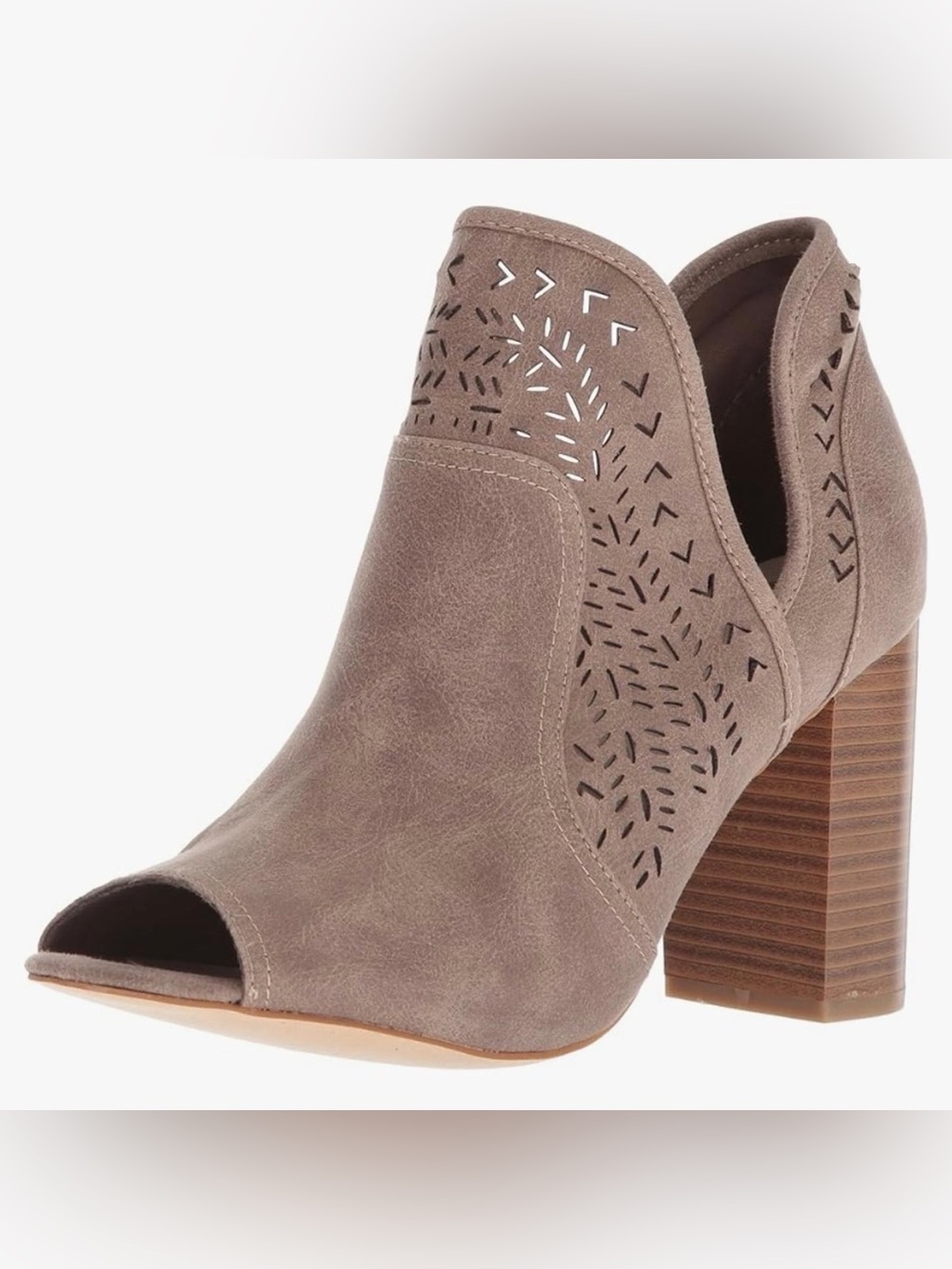 Fergalicious Harvey AnkleTaupe Laser-Cut Peep-Toe Block Heel Booties